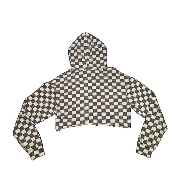 Oversized Checkered Cut Out Bolero Crop Top Hoodie - Picture 2 of 6